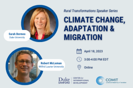 Rural Transformations Speaker Series: Climate Change, Adaptation &amp;amp; Migration. April 18, 2023, 3-4pm EDT, Online. Headshots of Sarah Bermeo and Robert McLeman. Logos for Duke Center for International Development and Center on Modernity in Transition.